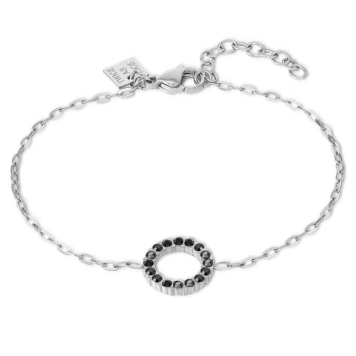 Stainless Steel Bracelet, Open Circle, Black Crystals
