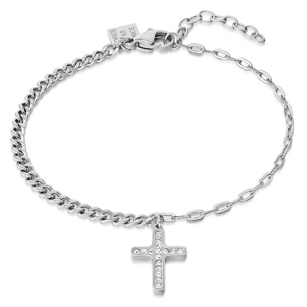 Stainless Steel Bracelet, Cross With White Crystals