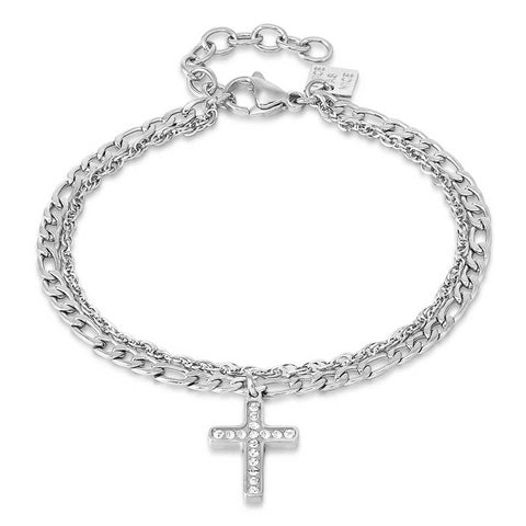 Stainless Steel Bracelet, Cross On 2 Different Chains