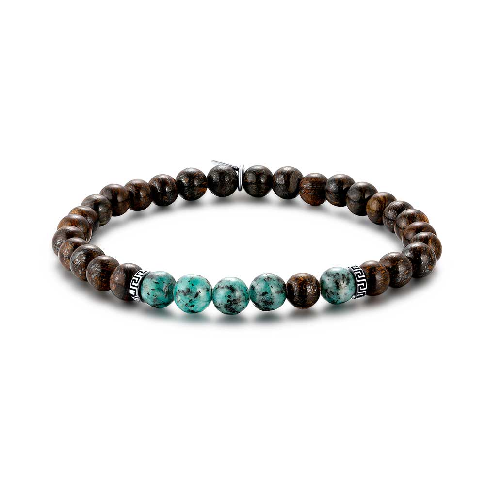 Stainless Steel Bracelet, Brown And Green Balls