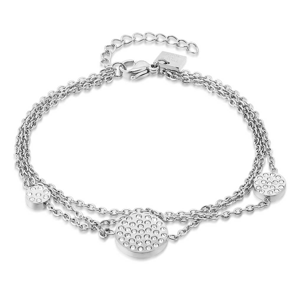Stainless Steel Bracelet, 3 Chains, 3 Rounds, White Crystals