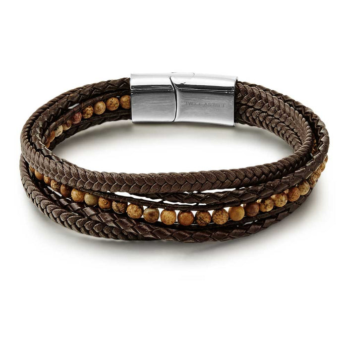 Stainless Steel Bracelet, Leather And Tiger Eye Dots