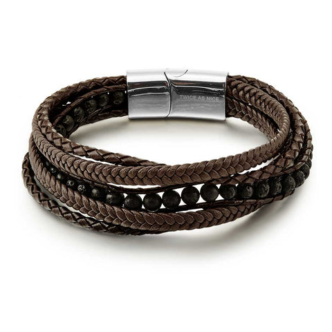 Stainless Steel Bracelet, Leather And Lava Dots