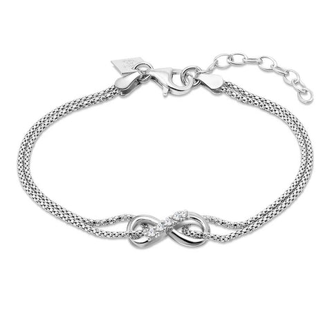 Silver Bracelet, Infinity On Double Chain With Zirconia