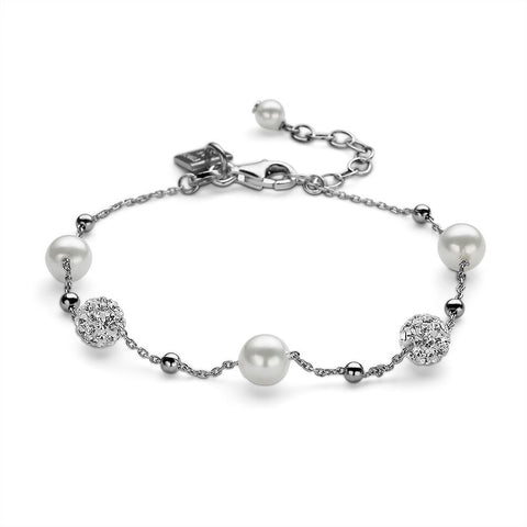 Silver Bracelet, 2 Balls With White Crystals, 3 Pearls