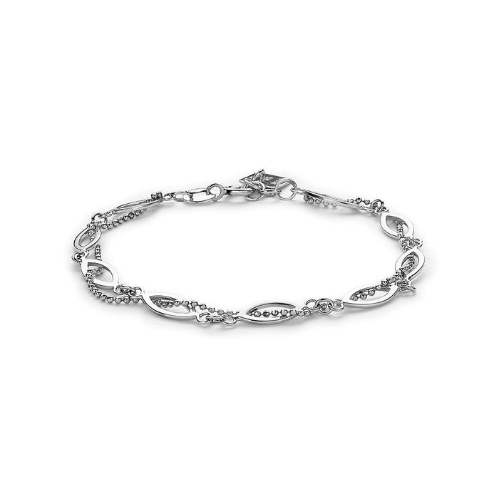 Silver Bracelet, Open Ovals And Bead Chain