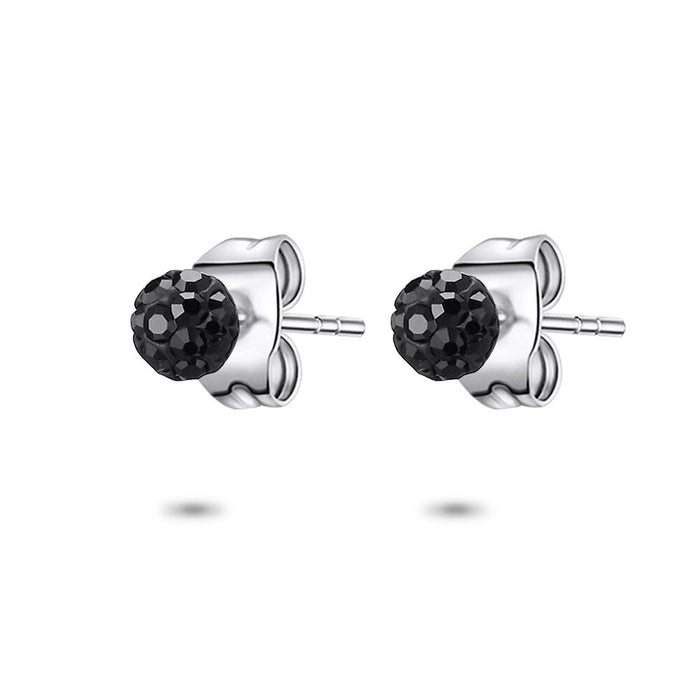 Silver Earrings, Small Round Stud With Black Crystals