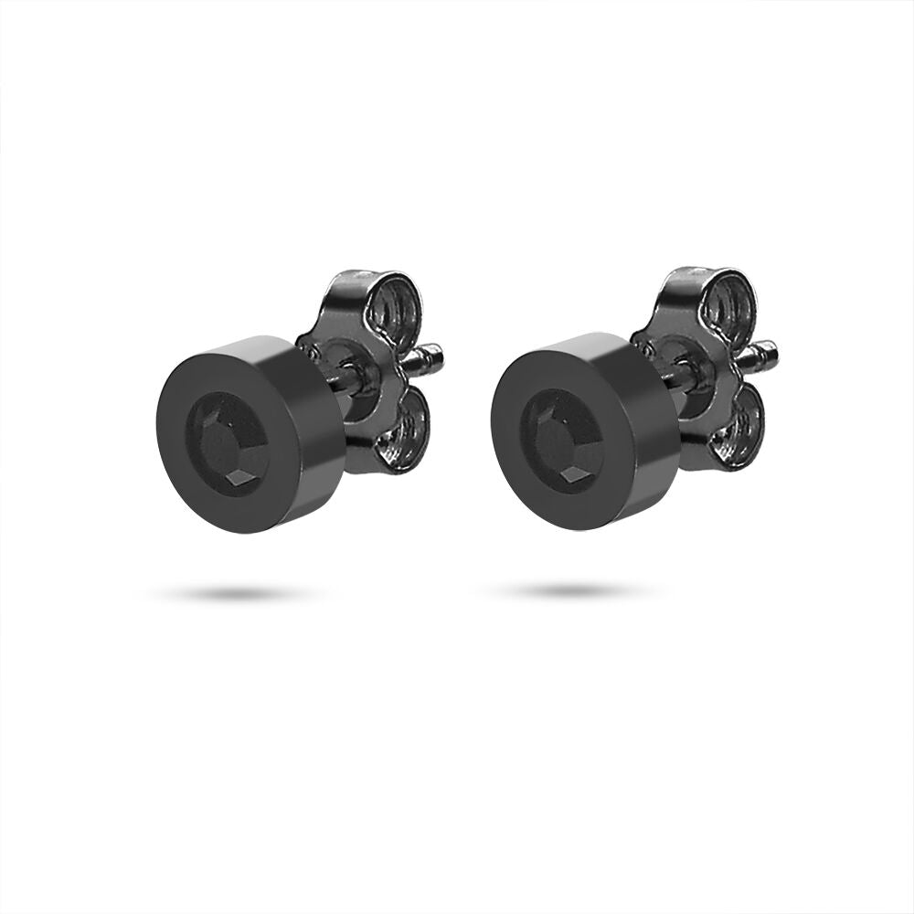 Black Stainless Steel Earrings, Round With 1 Black Crystal Of 7 Mm