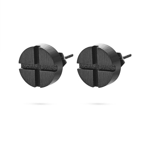 Black Stainless Steel Earrings, Round With Cross