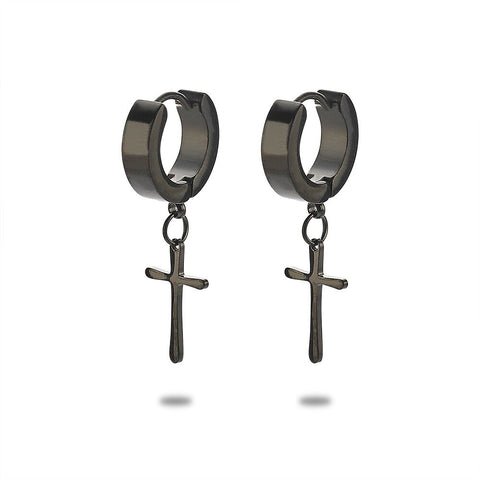 Stainless Steel Earrings, Hoop Earrings With Cross, Black