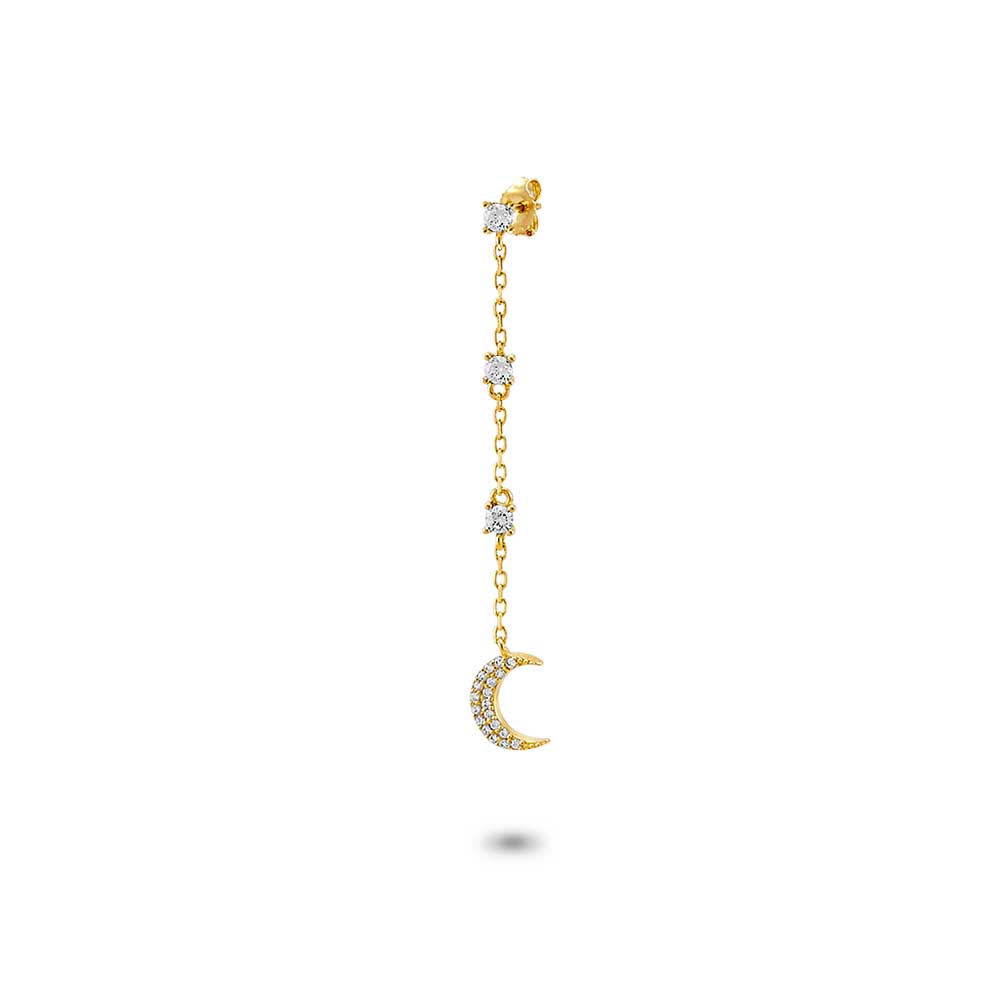 18Ct Gold Plated Silver Earring, Per Piece, 3 Zirconia And Moon On Chain