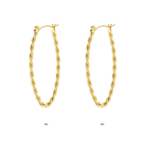 Gold Coloured Stainless Steel Earrings, Oval Twisted Hoop Earrings