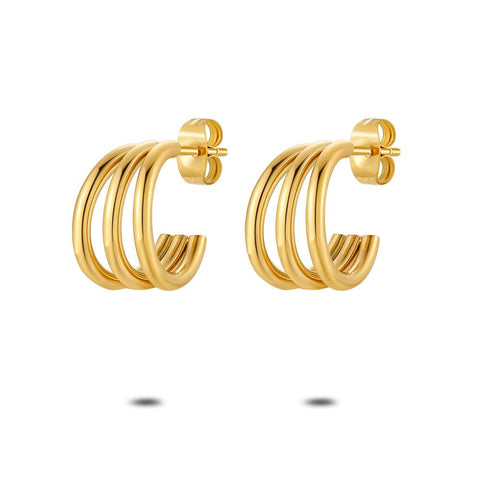 Gold Coloured Stainless Steel Earrings, Open Hoop Earrings, 3 Rows