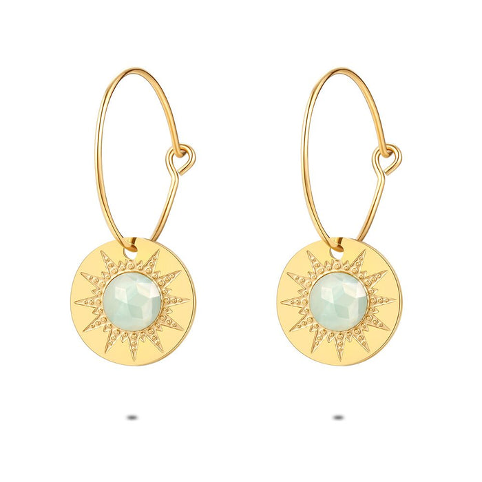 Gold Coloured Stainless Steel Earrings, Hoops, Sun Motif And Amazonite Natural Stone