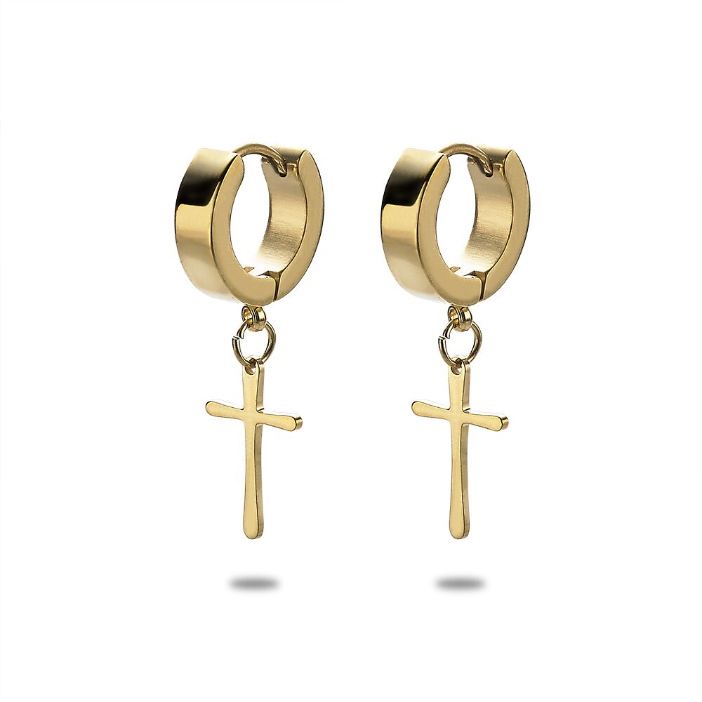 Gold-Coloured Stainless Steel Earrings, Hoop Earrings With Cross