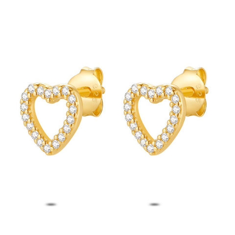 18Ct Gold Plated Silver Earrings, Open Heart With Zirconia
