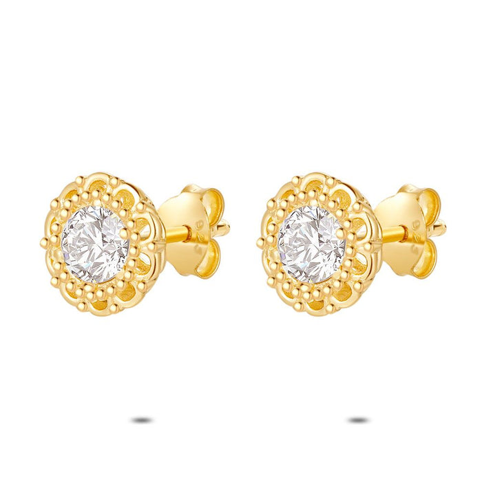 18Ct Gold Plated Silver Earrings, Flower, 1 Zirconia