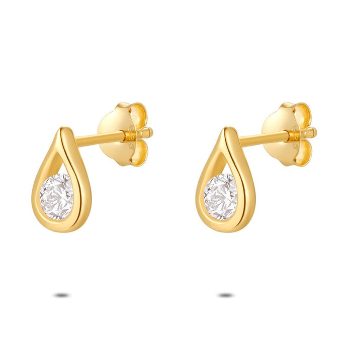 18Ct Gold Plated Silver Earrings, Open Drop With 1 Zirconia