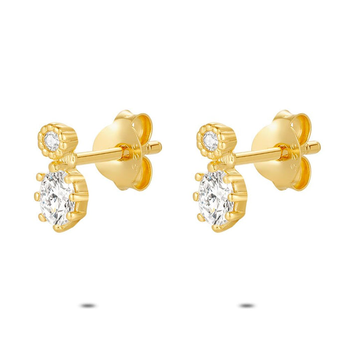 18Ct Gold Plated Silver Earrings, Zirconia, 1 Round, 1 Oval