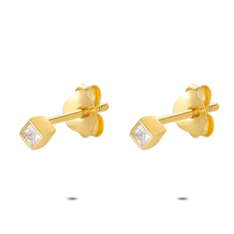18Ct Gold Plated Silver Earrings, Square, Zirconia