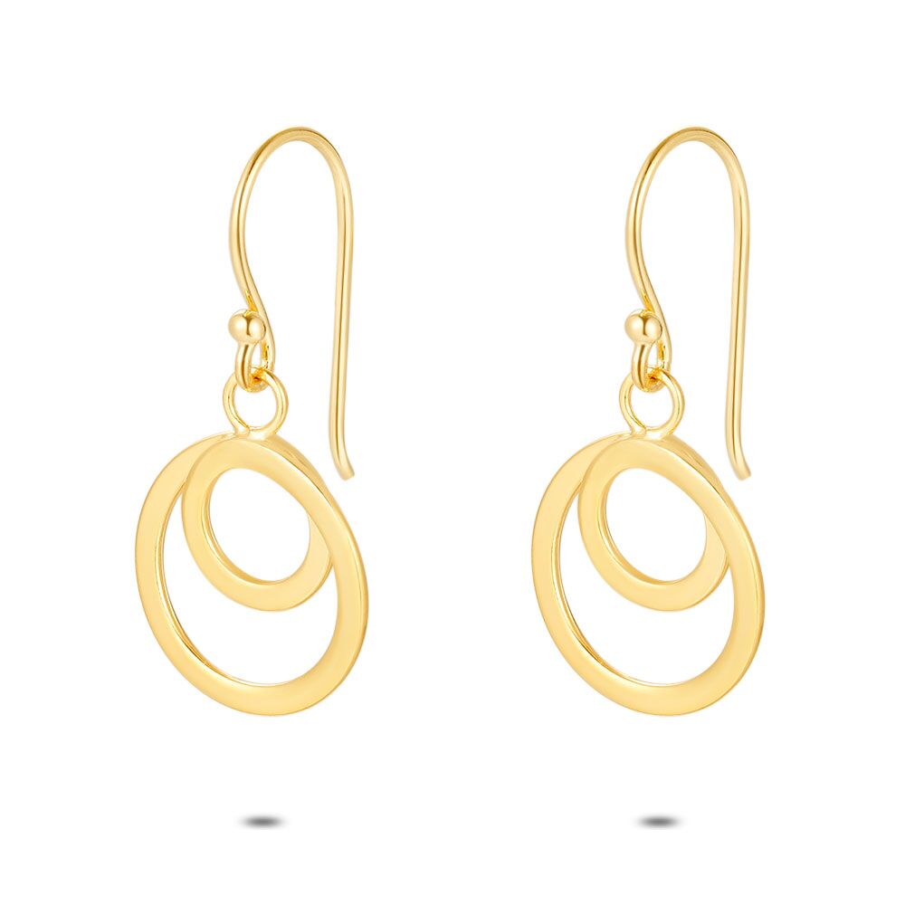 18Ct Gold Plated Silver Earrings, 2 Circles On A Hook, 1,4 Cm