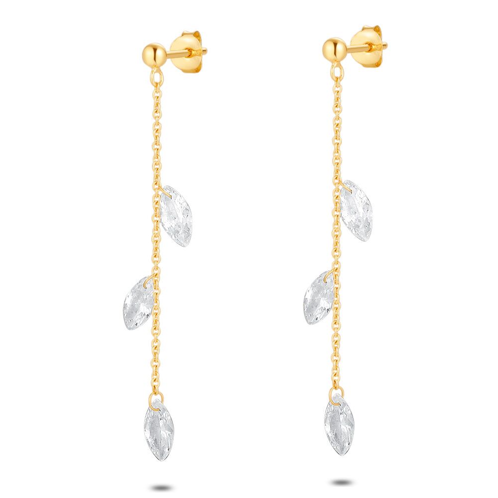 18Ct Gold Plated Silver Earrings, 3 Elipses On A Chain, Zirconia