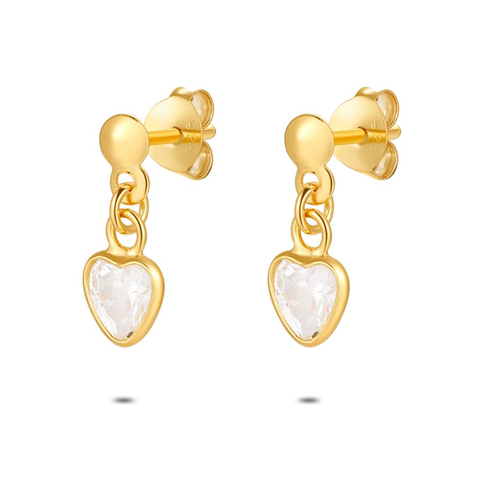 18Ct Gold Plated Silver Earrings, Hanging Heart, Zirconia