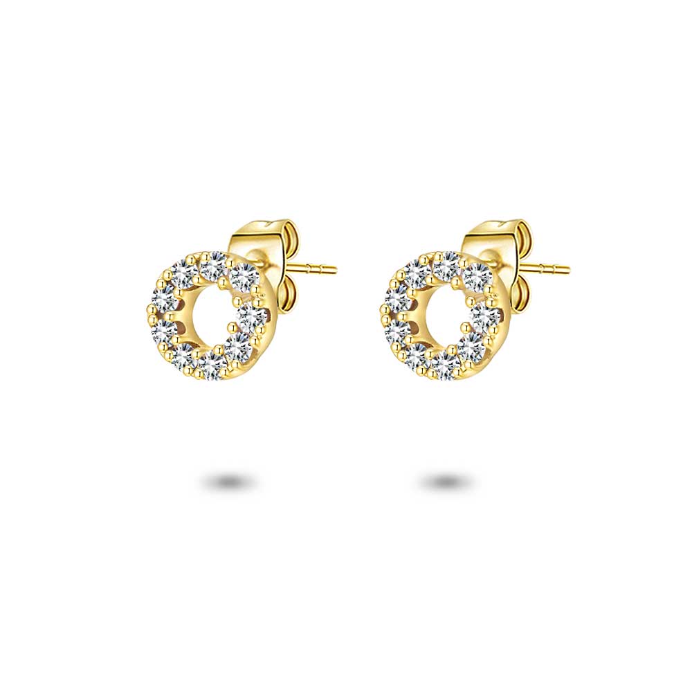 18Ct Gold Plated Silver Earrings, Circle With White Zirconia