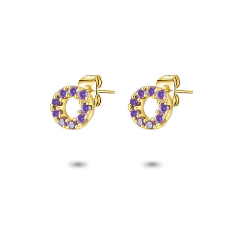 18Ct Gold Plated Silver Earrings, Circle With Purple Zirconia