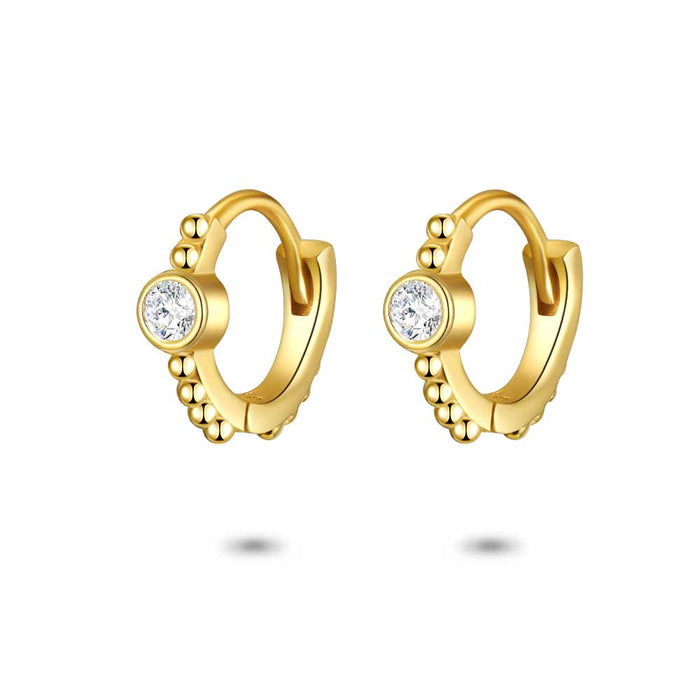 18Ct Gold Plated Silver Earrings, Hoop, Small Beads, White Zirconia