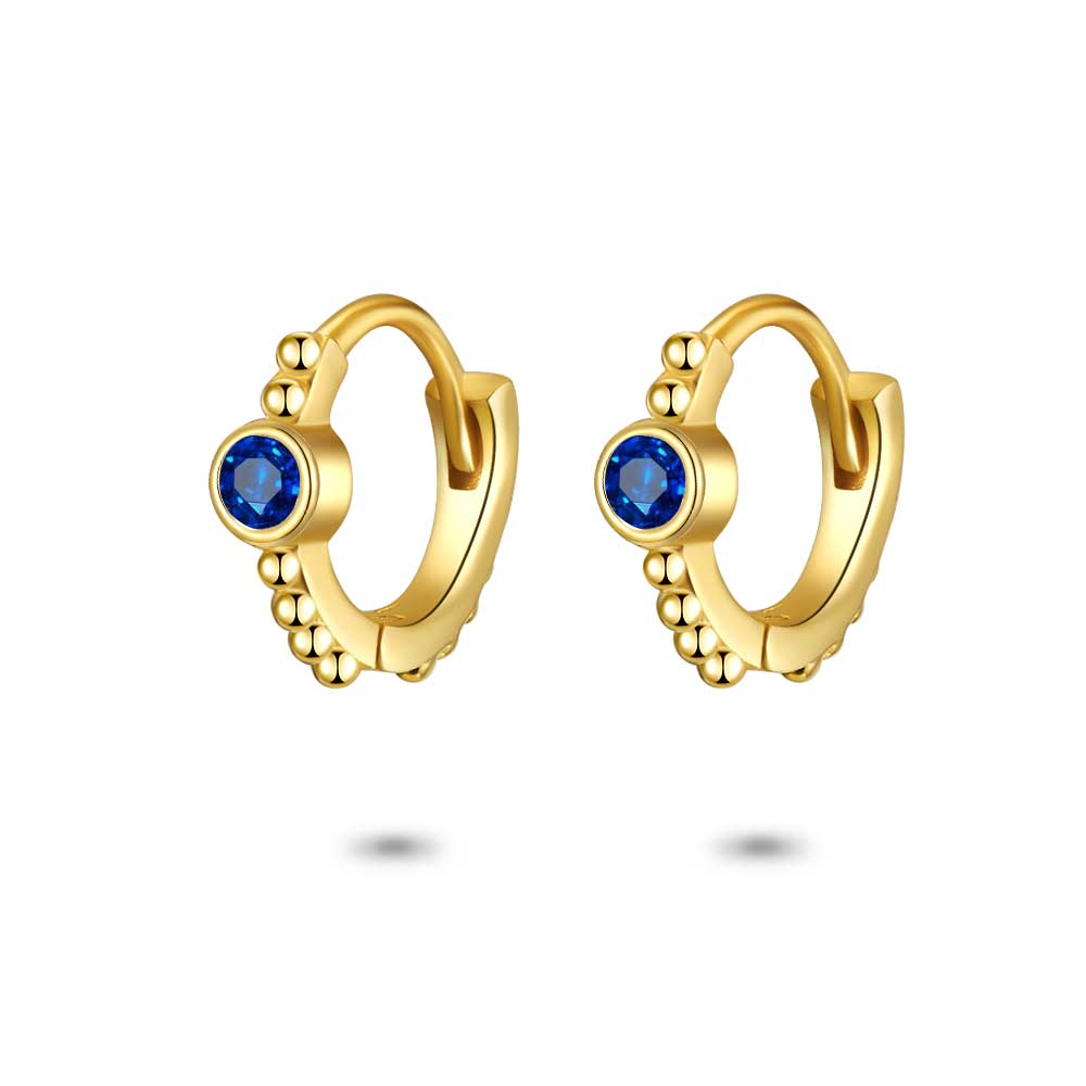 18Ct Gold Plated Silver Earrings, Hoop, Small Beads, Blue Zirconia