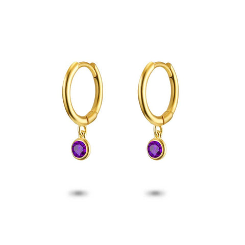 18Ct Gold Plated Silver Earrings, Hoop, Hanging Purple Zirconia, Round