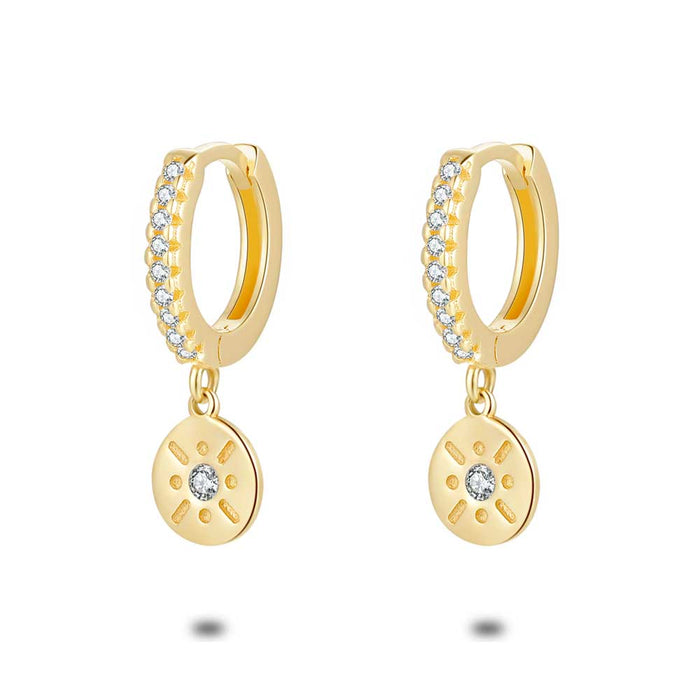 18Ct Gold Plated Silver Earrings, Hoop With Round Pendant