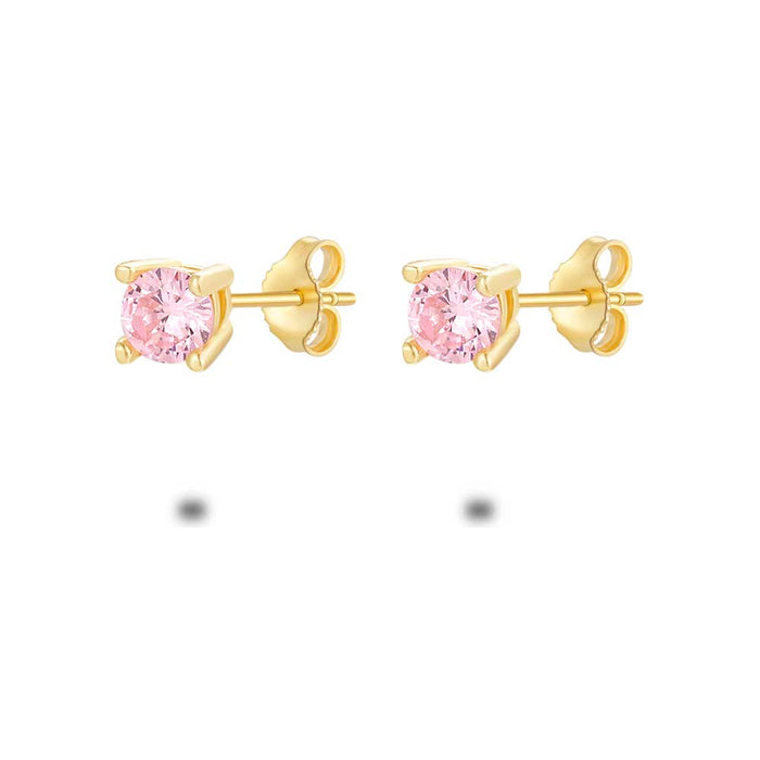18Ct Gold Plated Silver Earrings, Pink Zirconia, 4 Mm