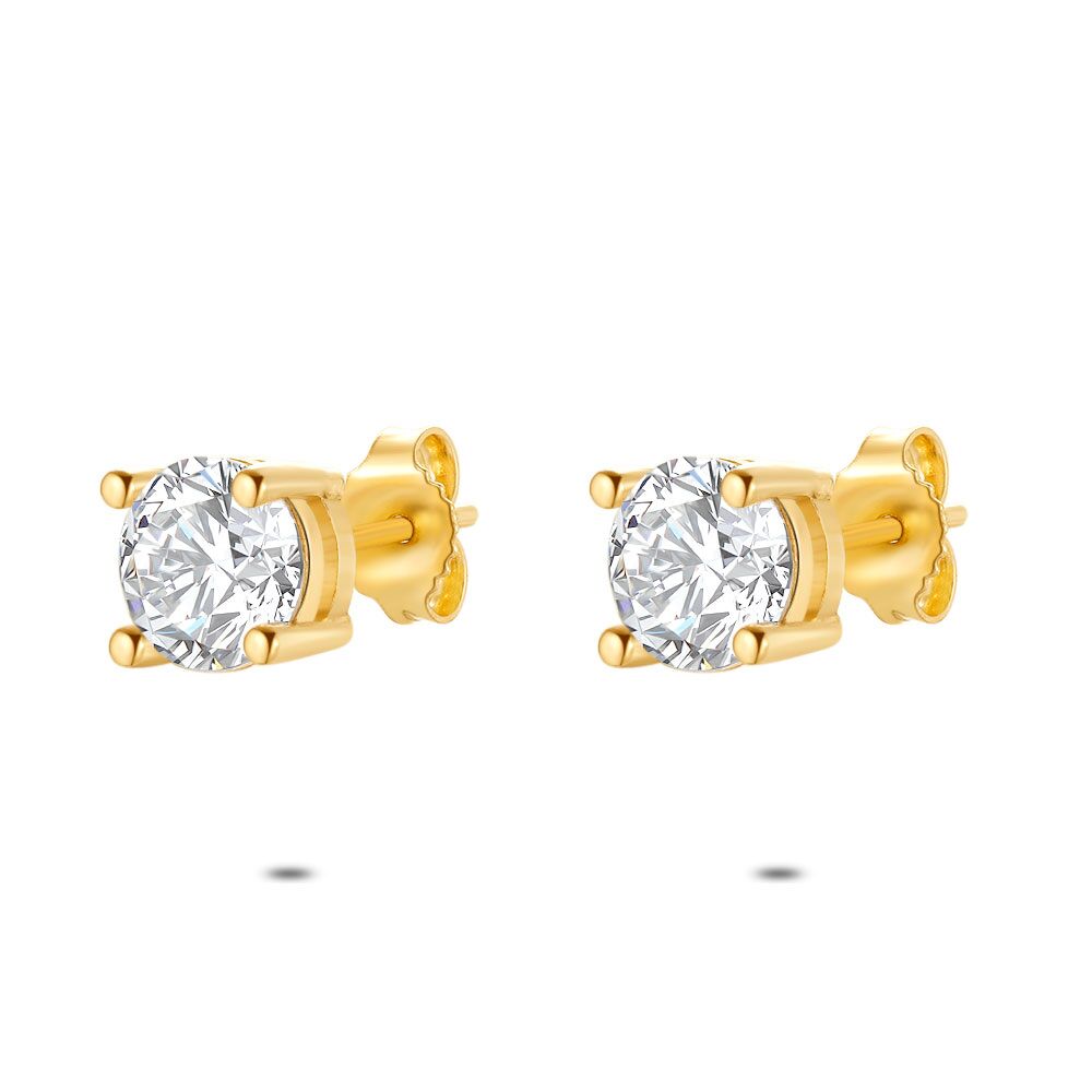 18Ct Gold Plated Silver Earrings, 1 Zirconia, 7 Mm