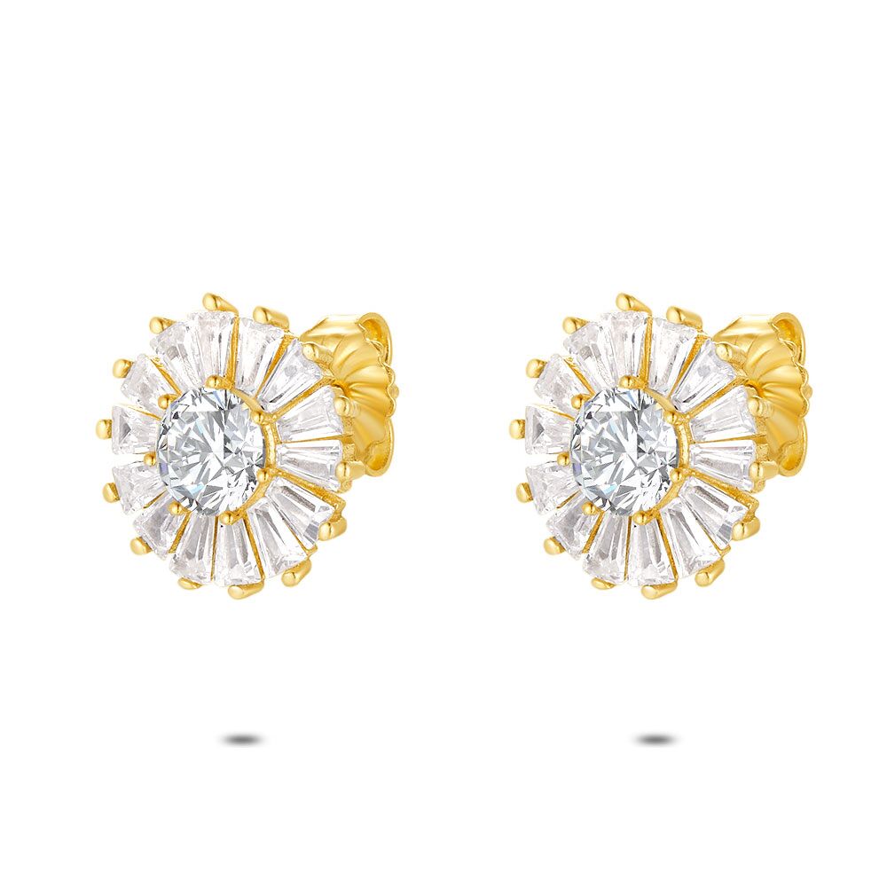 18Ct Gold Plated Silver Earrings, Round, Trapezian Zirconia