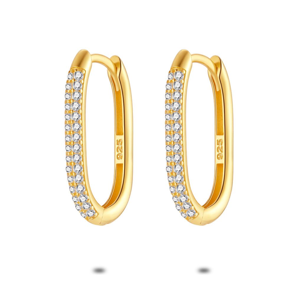 18Ct Gold Plated Silver Oval-Shaped Hoop Earrings, Zirconia
