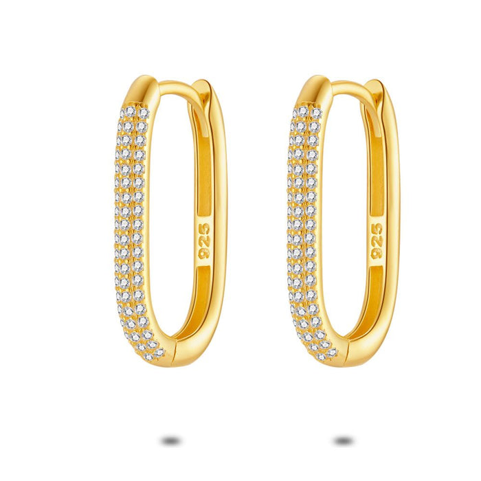 18Ct Gold Plated Silver Hoop Earrings, Oval-Shaped, Zirconia, 25 Mm