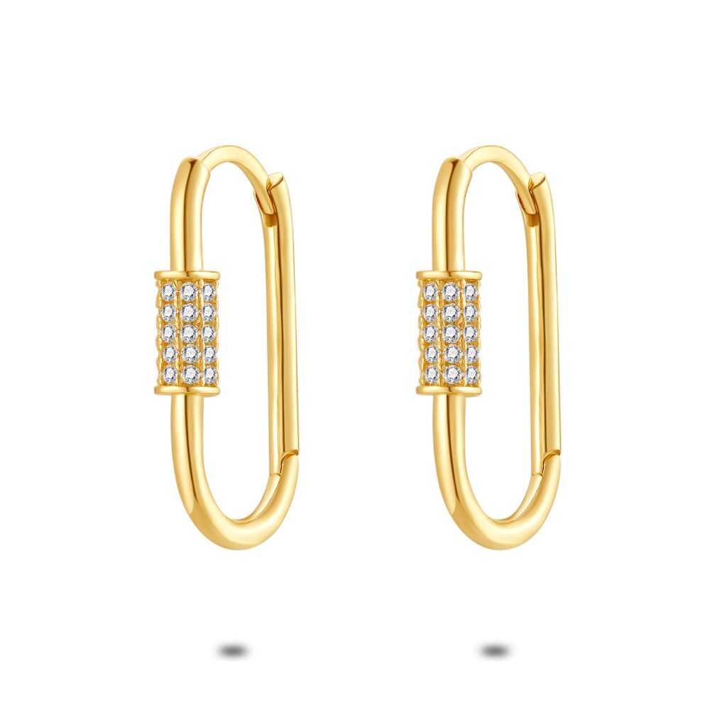 18Ct Gold Plated Silver Oval-Shaped Hoop Earrings, Tube With Zirconia