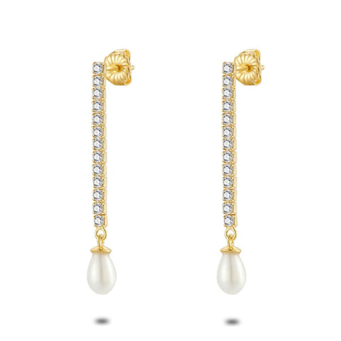 Hanging 18Ct Gold Plated Silver Earrings, 13 Zirconia, Pearl