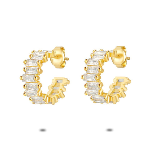 18Ct Gold Plated Silver Open Hoop Earrings, Rectangular Zirconia