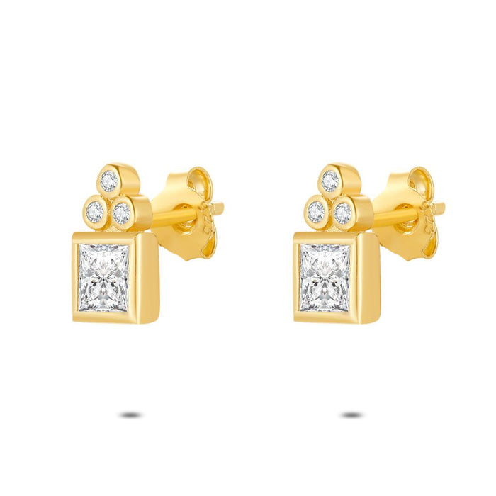 18Ct Gold Plated Silver Earrings, Square And 3 Round Zirconia
