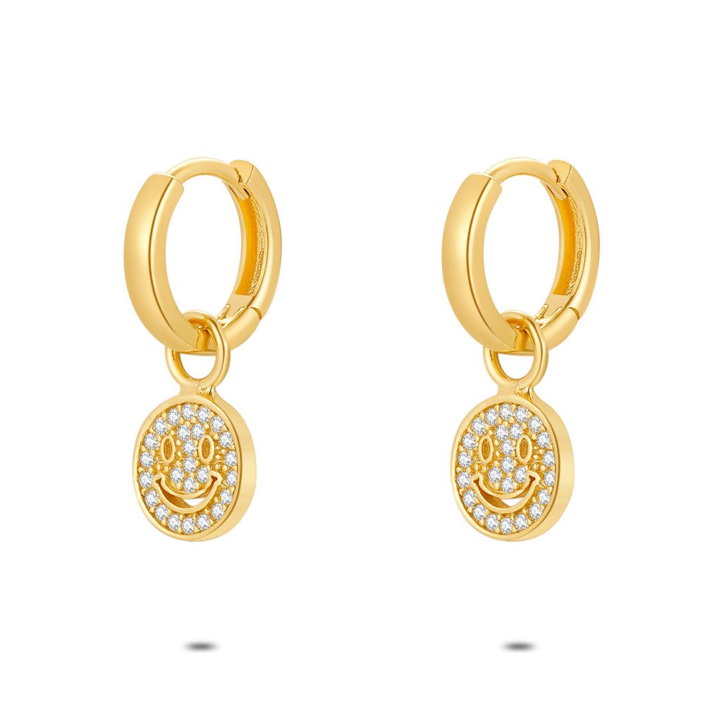 18Ct Gold Plated Silver Earrings, Hoops, Smiley, Zirconia, 10 Mm