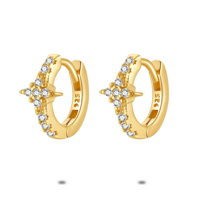 18Ct Gold Plated Silver Hoop Earrings, Star With Zirconia