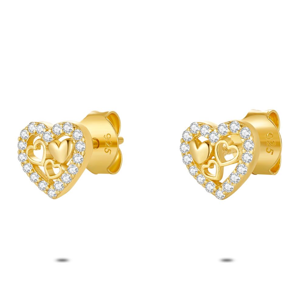 18Ct Gold Plated Silver Earrings, Heart, Zirconia, 5 Mm