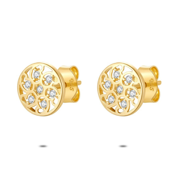 18Ct Gold Plated Silver Earrings, Gold-Coloured, Flower, Zirconia