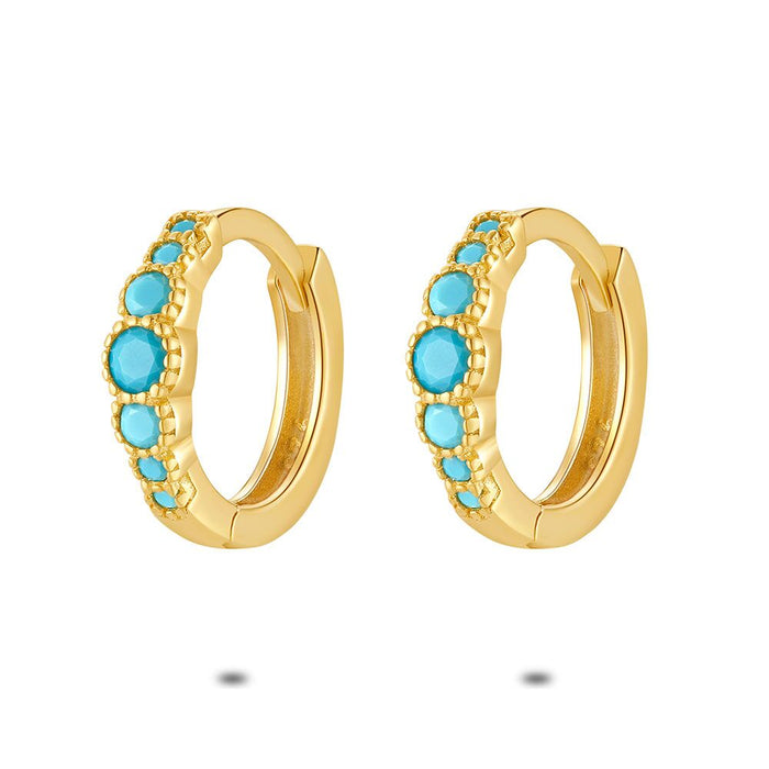 18Ct Gold Plated Silver Earrings, 7 Turquoise Stones, Hoops, 7 Zirconia Stones