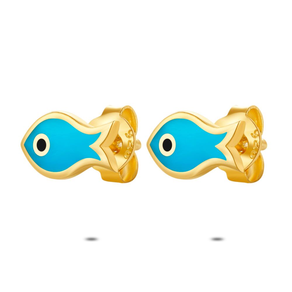 18Ct Gold Plated Silver Earrings, Turquoise Fish.