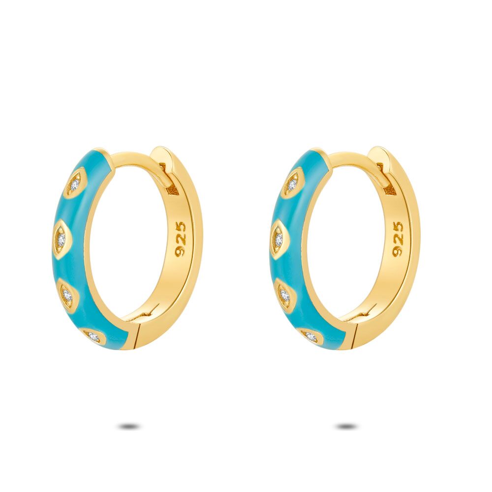 18Ct Gold Plated Silver Hoop Earrings, Gold-Coloured, Turquoise, 4 Zirconia Eyes