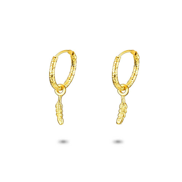 18Ct Gold Plated Silver Earrings, Hammered Hoop Earring, Feather